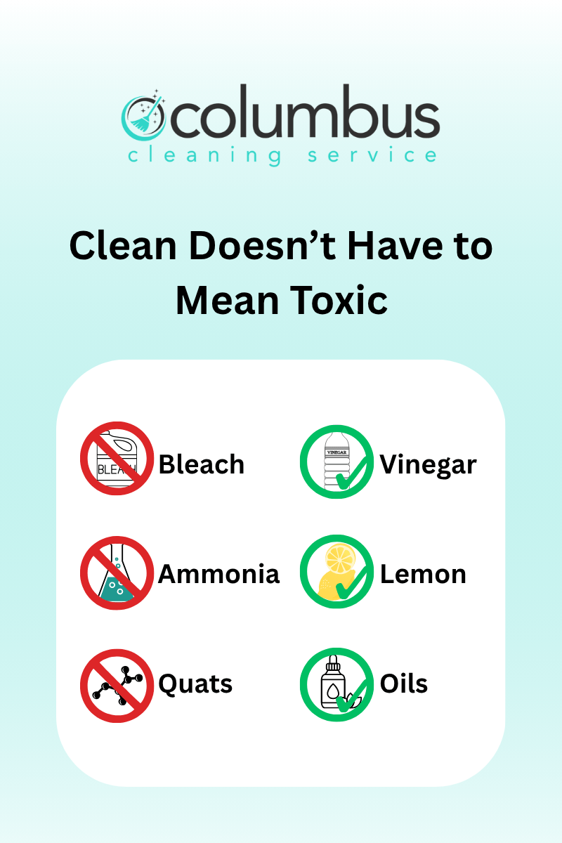 Infographic titled ‘Clean Doesn’t Have to Mean Toxic’ showing a visual comparison of harmful ingredients like bleach, ammonia, and quats versus safe alternatives like vinegar, lemon, and essential oil, designed to promote non-toxic cleaning solutions for families and pet owners.